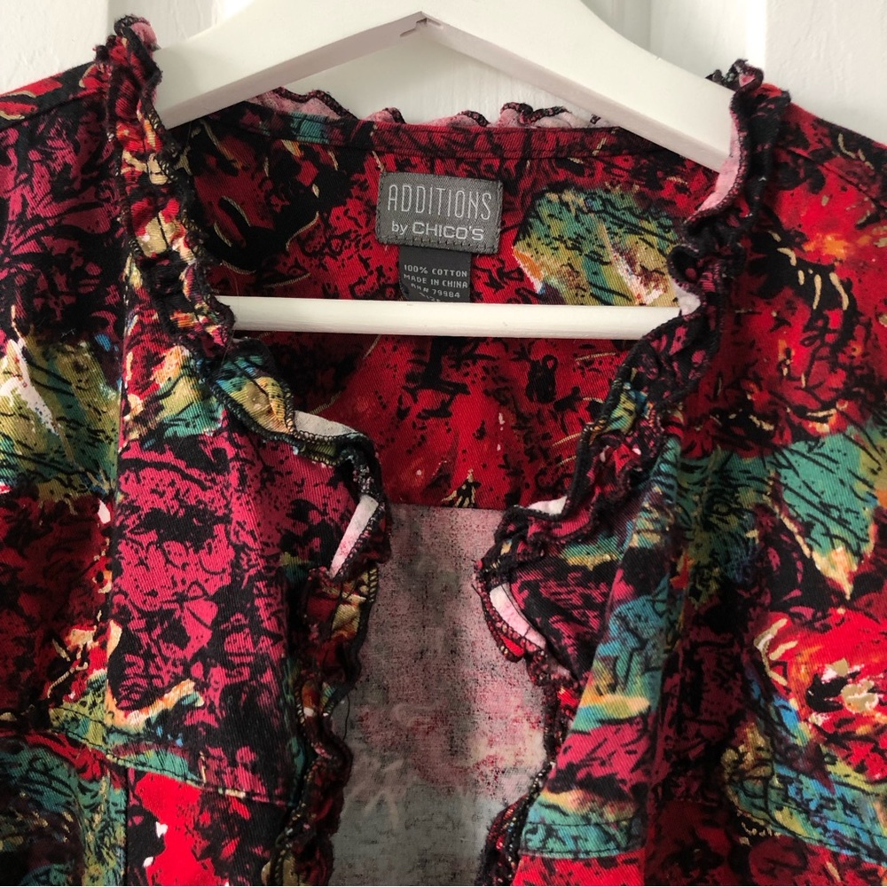 Additions by Chico’s Size 3 Cotton Cropped Jacket Red Multicolor Abstract Print